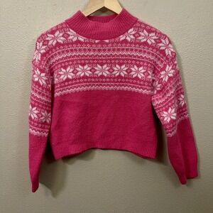 Art Class Girls Cropped Fair Isle Sweater Hot Pink Nordic Warm Size 14/16 XL